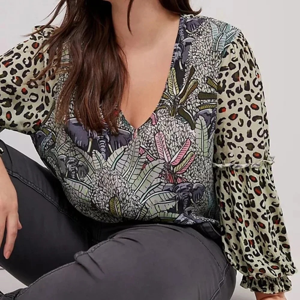 Anthropologie Bl^nk London Sibley Top Size M V-neck Animal Print Long Sleeve